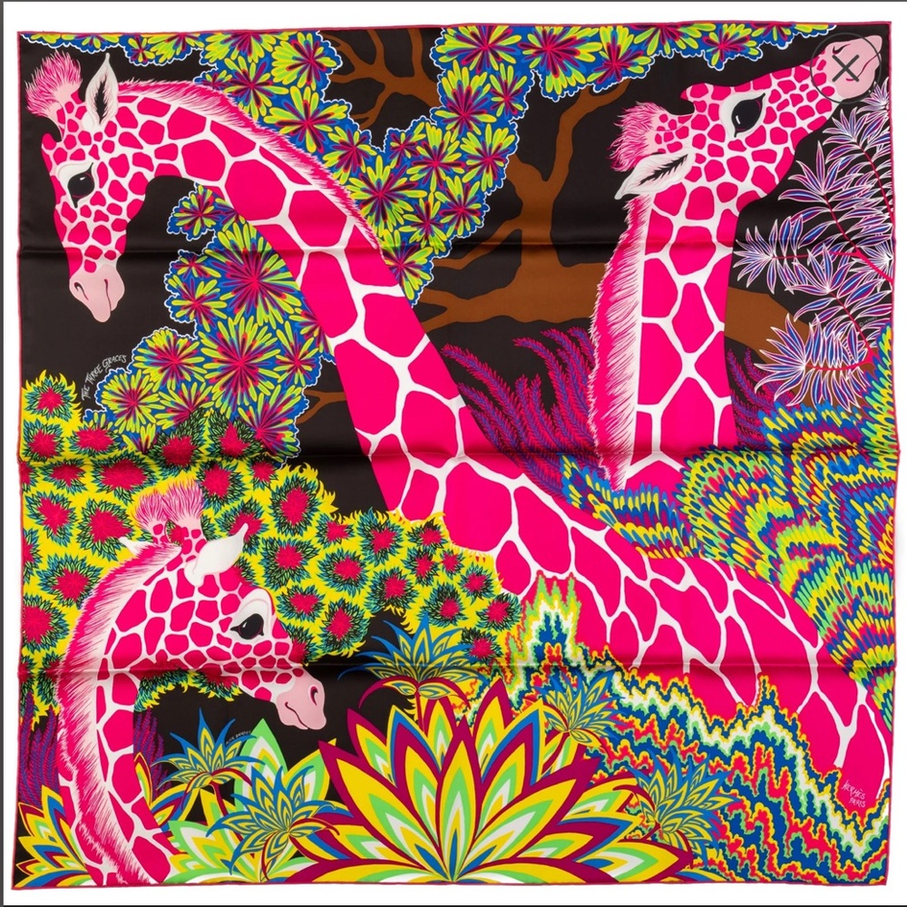 🧣 Hermes Three Graces Pink and Multicolor Giraffe Scarf
